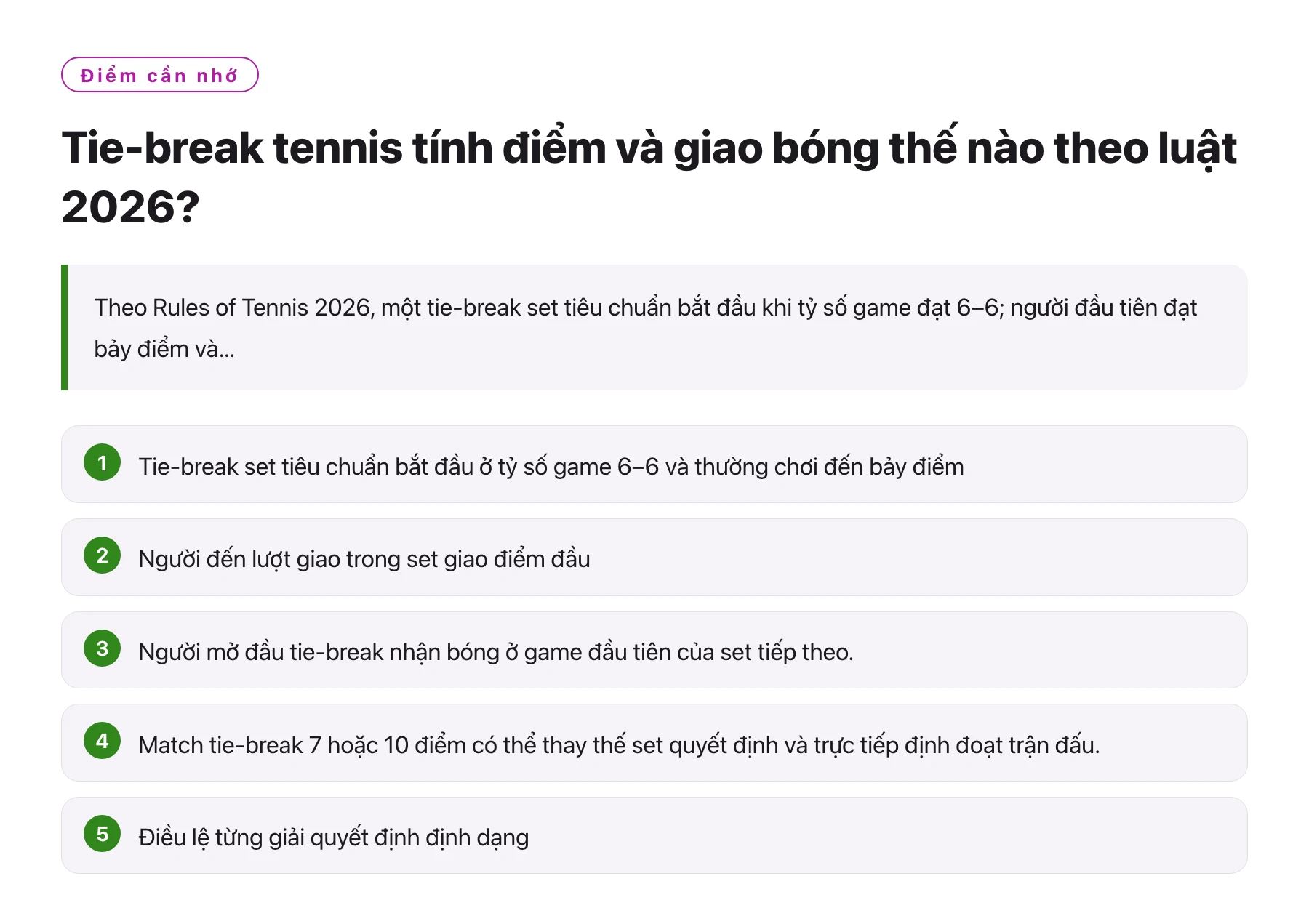 Tie-break tennis tính điểm và giao bóng thế nào theo luật 2026?——全文要点速览